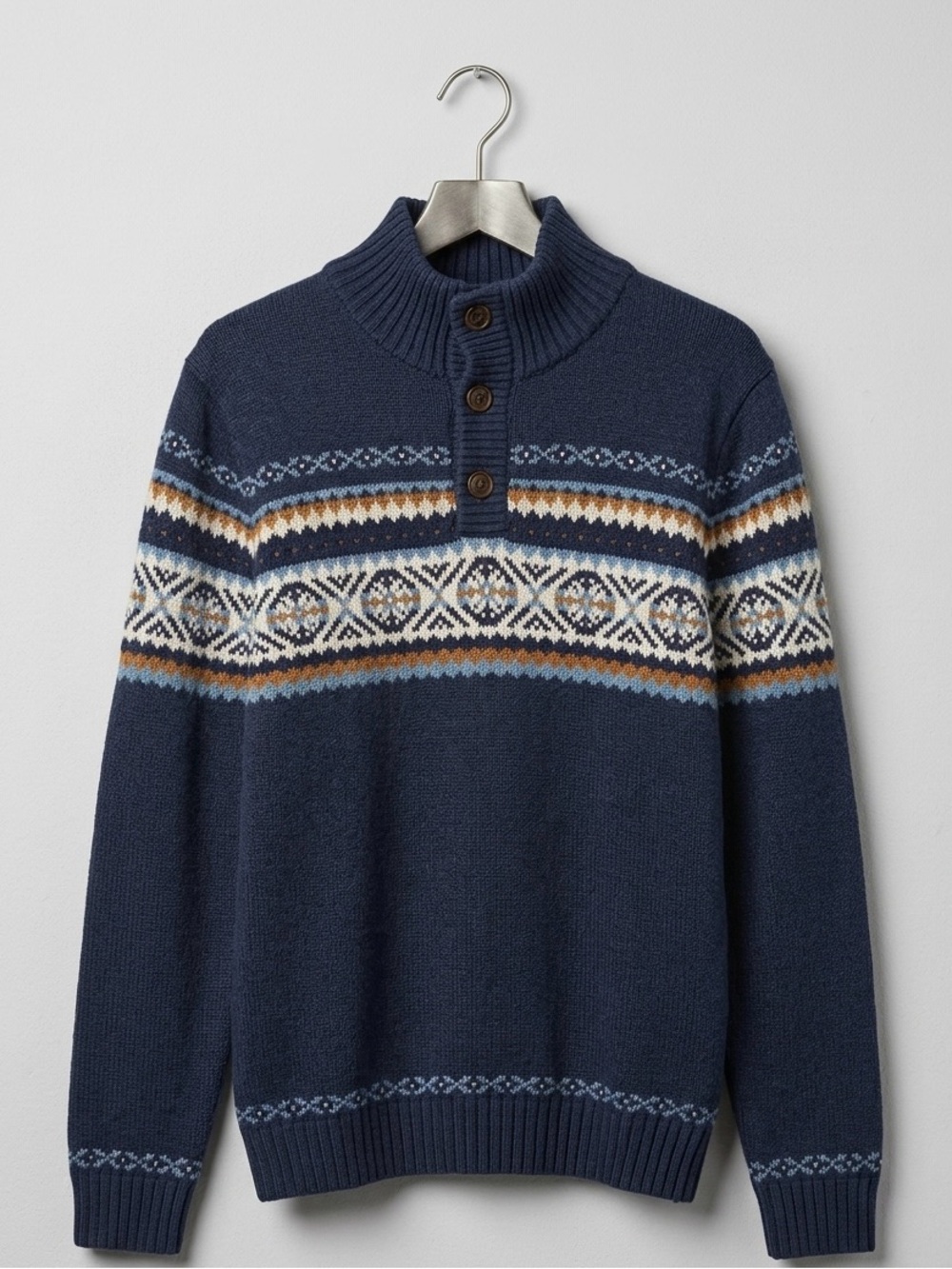 Janie and Jack Boys Vintage Navy Fair Isle Button Mock Neck Knit Holiday Sweater